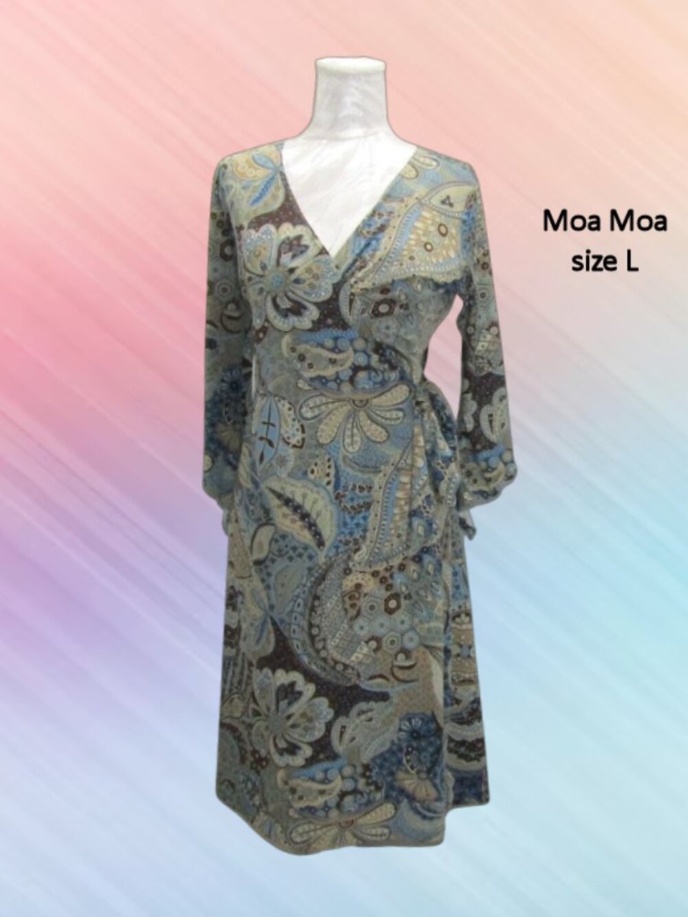 Moa Moa size L women midi wrap dress color blue paisley ¾ sleeves